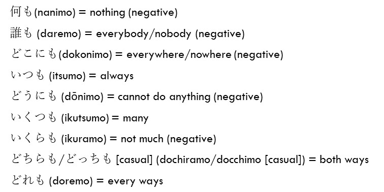Nothing, Everybody, Nobody, Mo in Japanese, Question Words in Japanese, Question Word Compounds